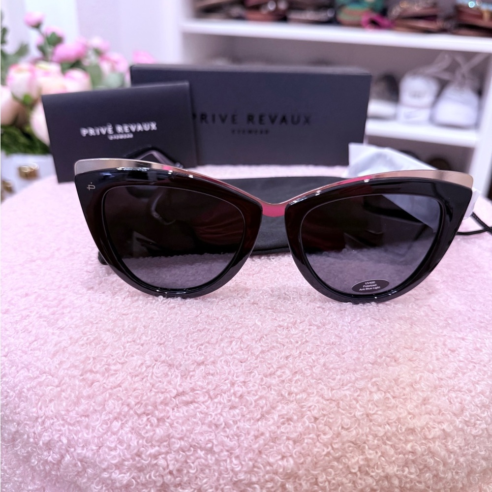Privé Revaux Black and Gold Cat-Eye Sunglasses NWT